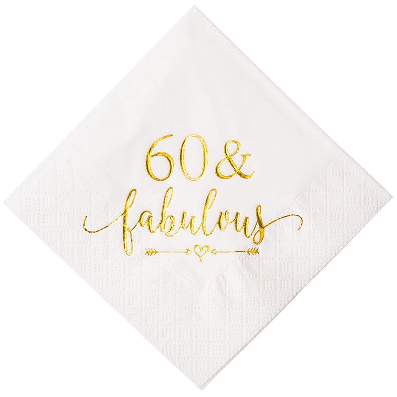 Crisky 3-Ply 60 and Fabulous Cocktail Napkins Gold for Women 60th Birthday Decorations, 60th Birthday Bevergae Dessert Table Supplies, 50Pcs - Image 1